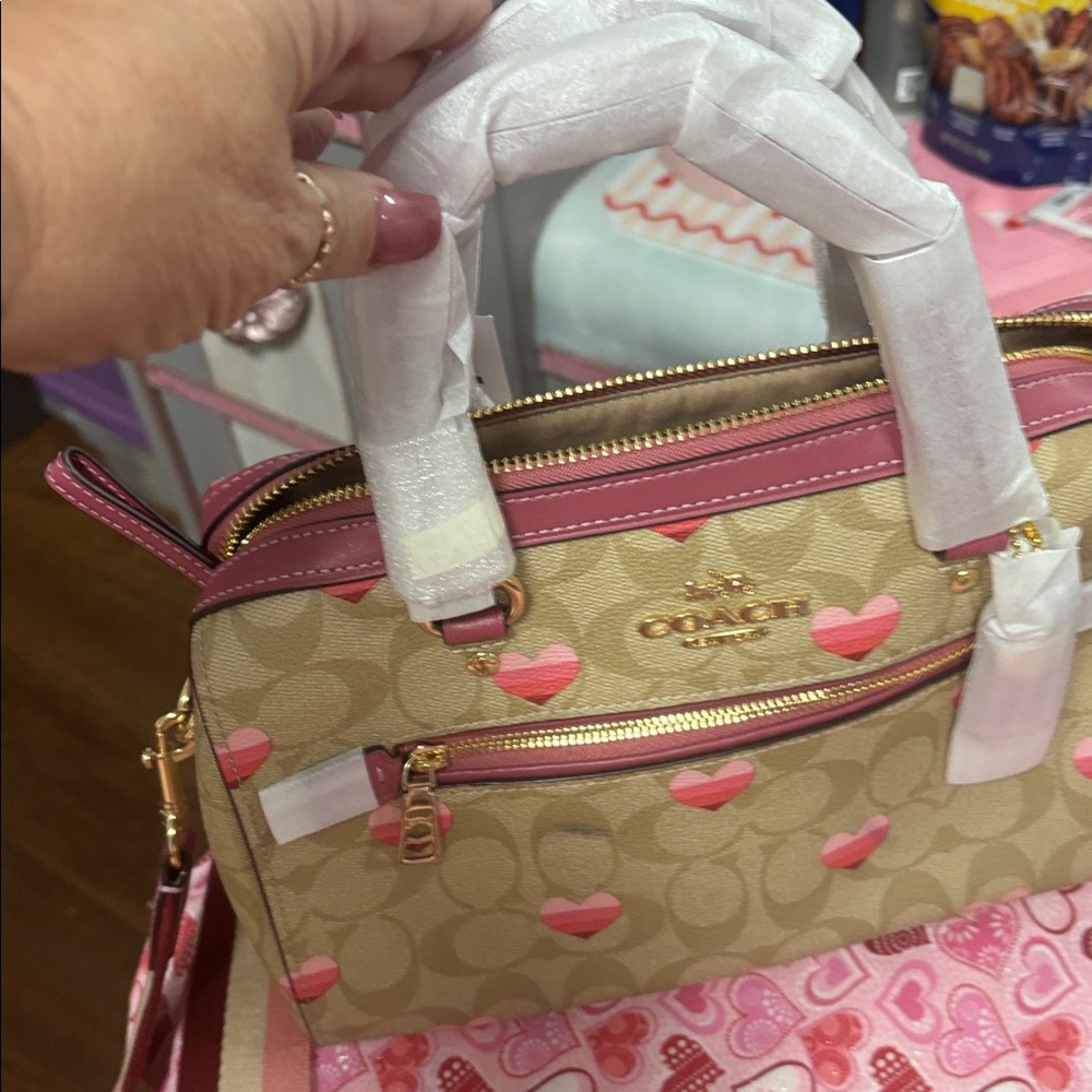 Coach Tan and Pink Heart Print  Rowen Satchel and matching wallet - Picture 6 of 8